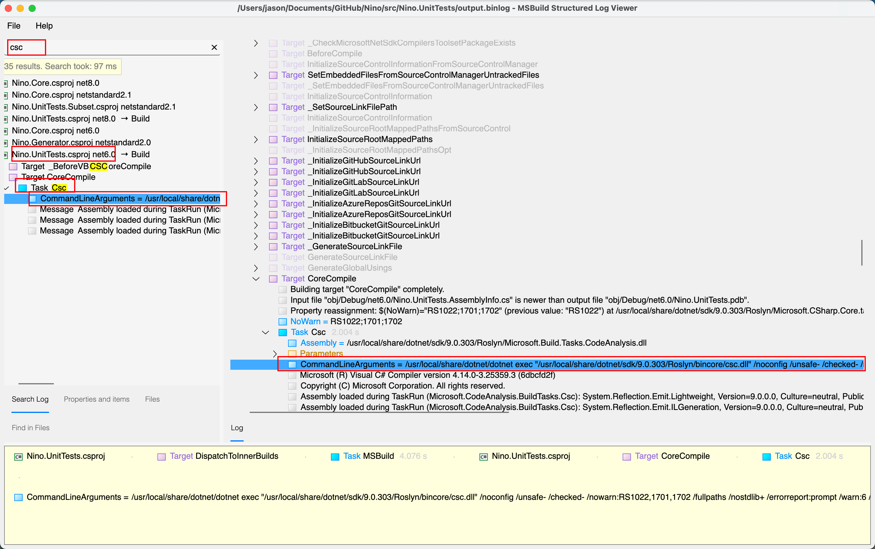 MSBuildStructuredLog showing Csc task